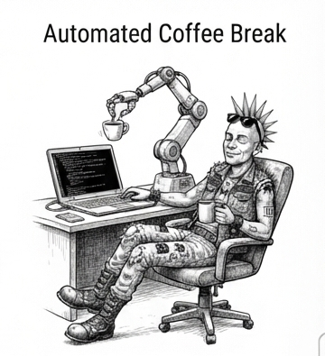 A punk taking a coffee break while a robot arm serves him, laptop still running