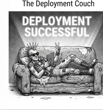 A punk relaxing on a couch in front of a screen reading 'Deployment Successful'