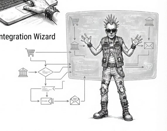 A punk conducting a flow diagram of connected systems like a wizard