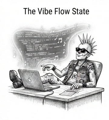 A punk in flow state coding, music notes floating around him